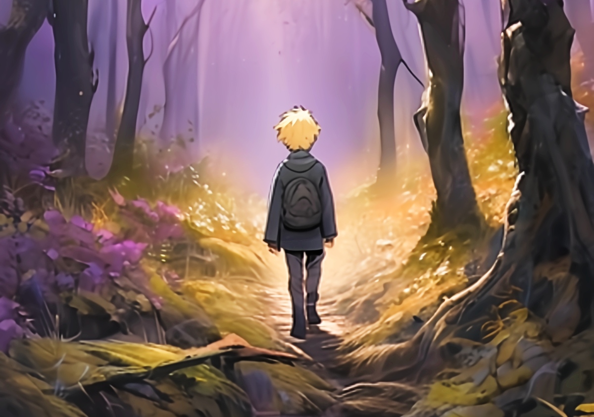 Illustration of a child walking along a winding path, embarking on an adventure in the Tale of Harken