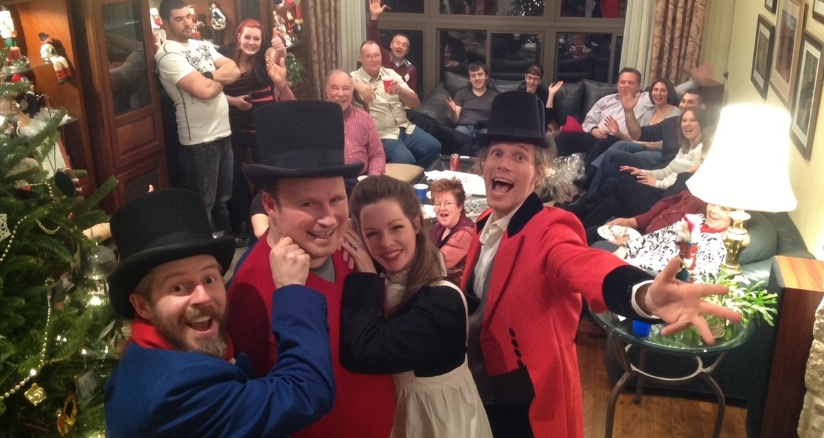 Actors in A Christmas Carol costumes performing at a festive company Christmas party