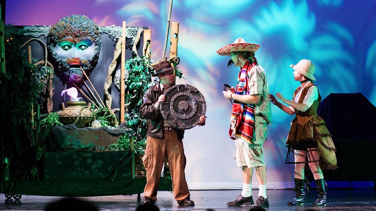 Actors performing in a high-energy end-of-the-world theater production