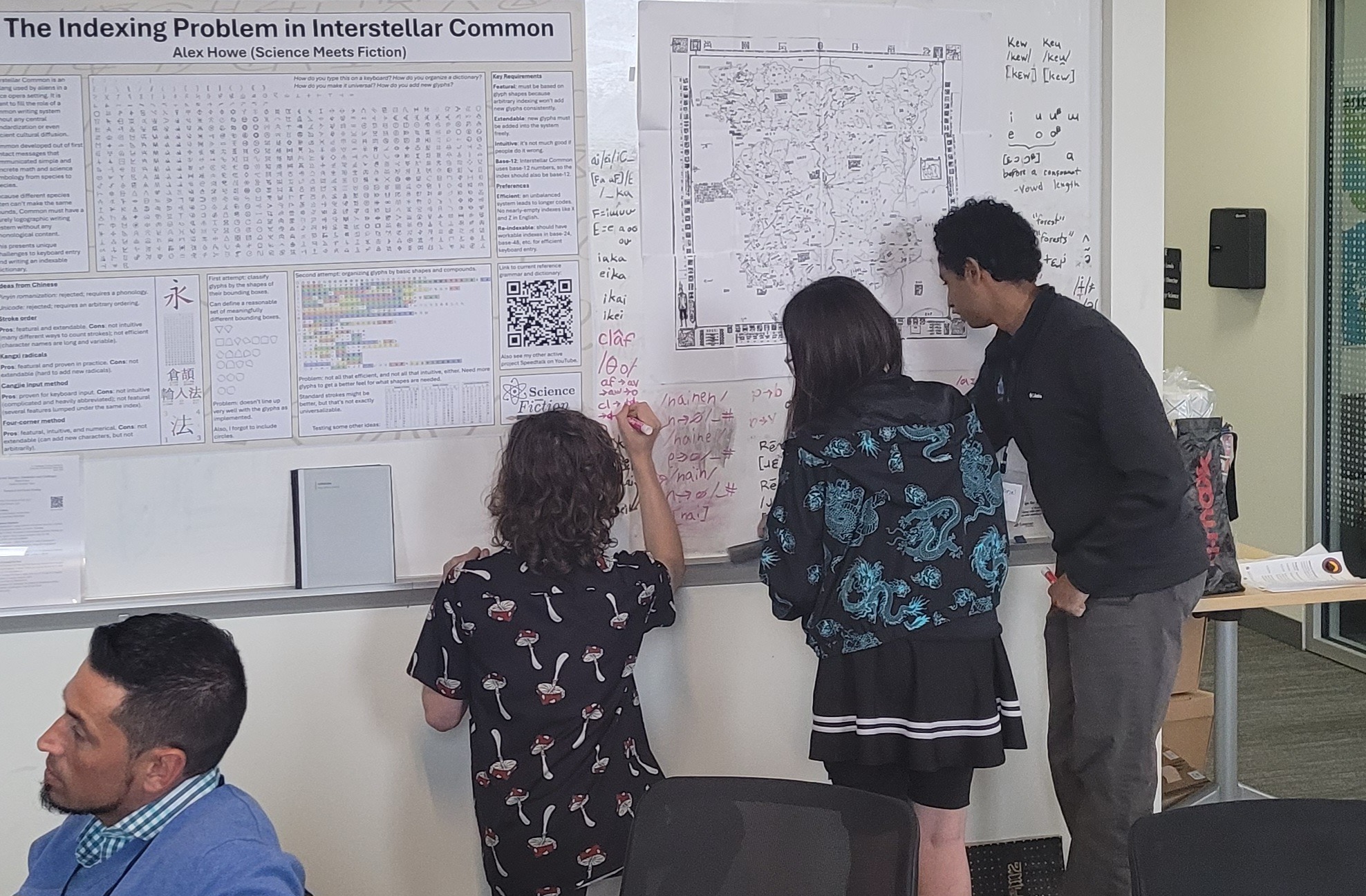 A group of conlangers, including Jamiin, working on translating Brooding phrases for Riddlesbrood’s live performance at LCC11
