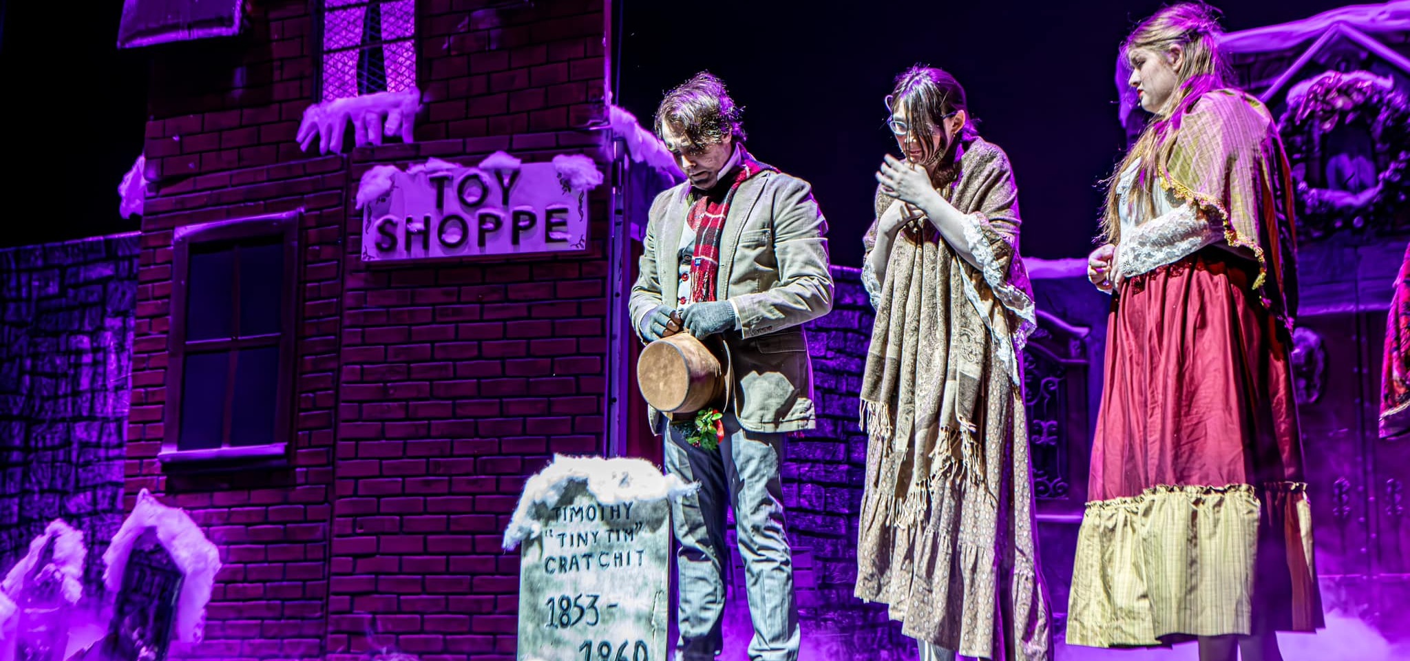 A dramatic moment as Scrooge encounters Marley’s Ghost in a Christmas Carol production by a national touring theater company.