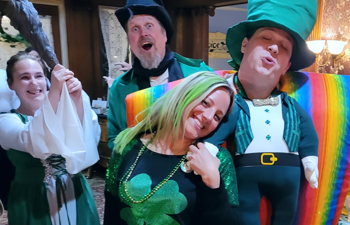 The leprechaun, detective, and Irish-dressed lady gathered together, each looking suspicious in "The Four-Leaf Killer" Irish murder mystery event.