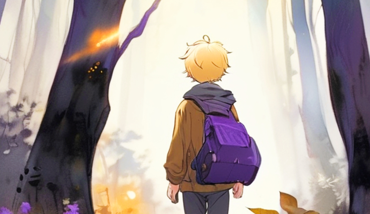 Illustration of a child walking through a mystical landscape, guided by an unseen force in the Tale of Harken