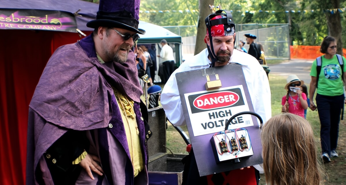 Clyde P. Riddlesbrood and NYX the Jester entertain crowds at a lively Trunk Show street fair with theatrical flair.