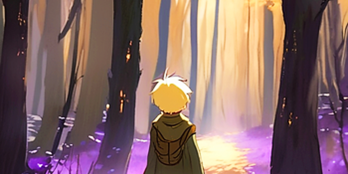 A child walking through an enchanted forest, discovering the secrets of the Tale of Harken.