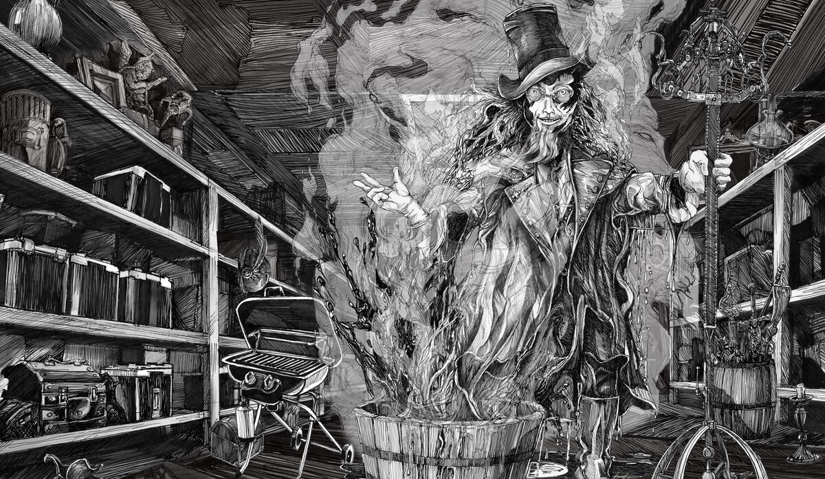 Sketch of The Clyde in a tall purple hat, standing in a haunted Halloween landscape