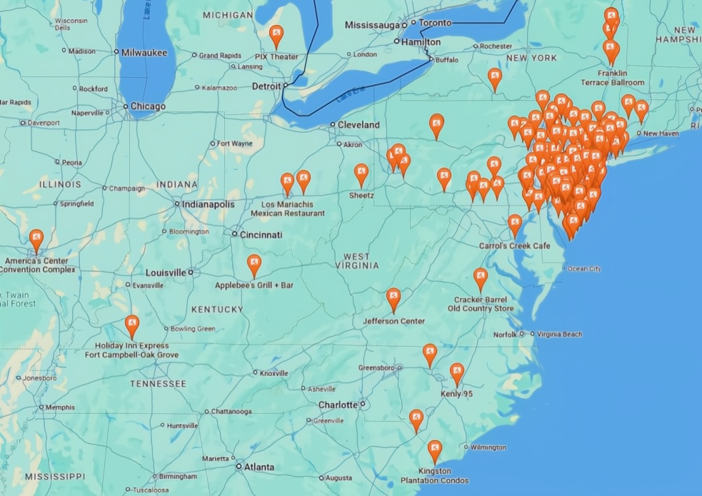 A map highlighting the service area of Riddlesbrood’s touring theater company, covering NJ, PA, DE, and NY