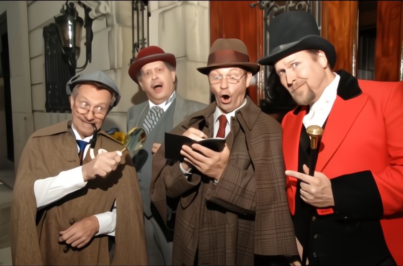 Actors in immersive costumes performing a live NJ murder mystery event